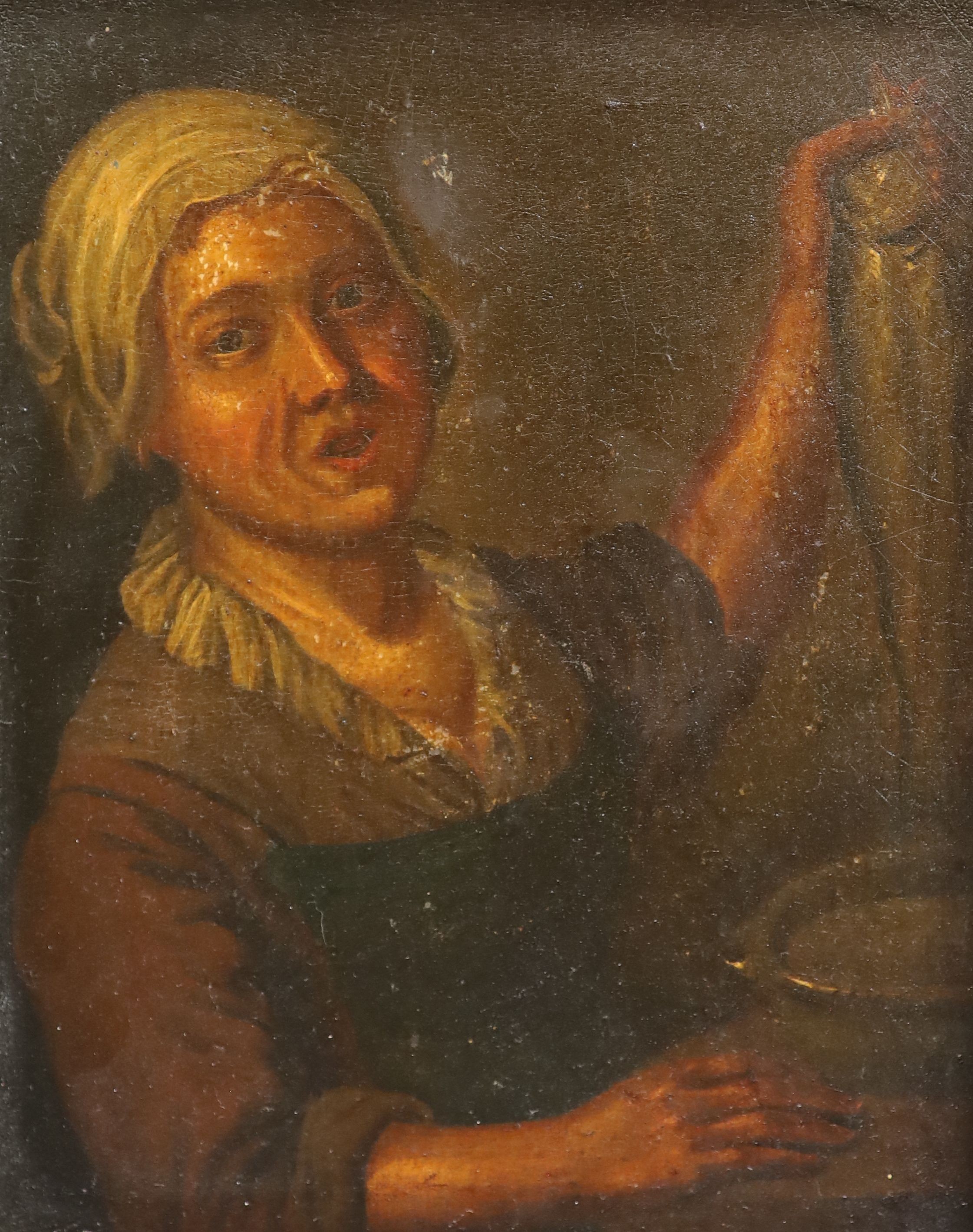 Attributed to Adrian Carpentiers (1760-1778), A woman holding a fish, Oil on wooden panel, 23.5 x 19cm